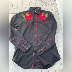 Roper Black Button-Down Shirt with Red Rose Embroidery